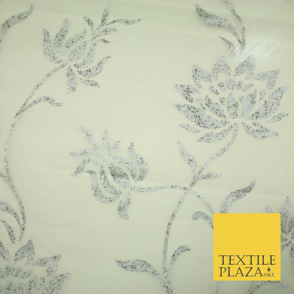 Luxury White Metallic Silver Floral Lotus 100% SILK ORGANZA Fabric Sheer 53"4623