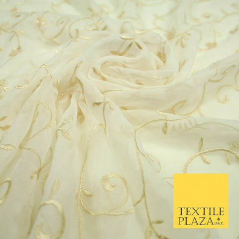 Luxury Ivory Light Gold Floral Stem Embroidered 100% SILK CHIFFON Fabric 45"4635