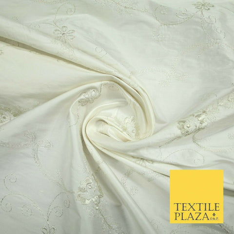 Luxury Ivory Silver Floral Embroidered 100% PURE SILK Dupion Fabric 45" 4637