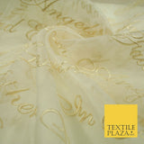 Luxury Ivory Gold Angel Script Embroidered 100% SILK ORGANZA Fabric 45" 4629