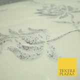 Luxury White Metallic Silver Floral Lotus 100% SILK ORGANZA Fabric Sheer 53"4623