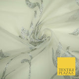 Luxury White Metallic Silver Floral Lotus 100% SILK ORGANZA Fabric Sheer 53"4623
