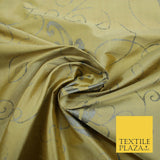 Luxury Gold Ornamental Grey Floral Printed 100% PURE SILK Dupion Fabric 53" 4618