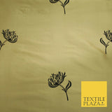 Luxury Gold Large Black Flowers Embroidered 100% PURE SILK Fabric 53" 2 SHADES