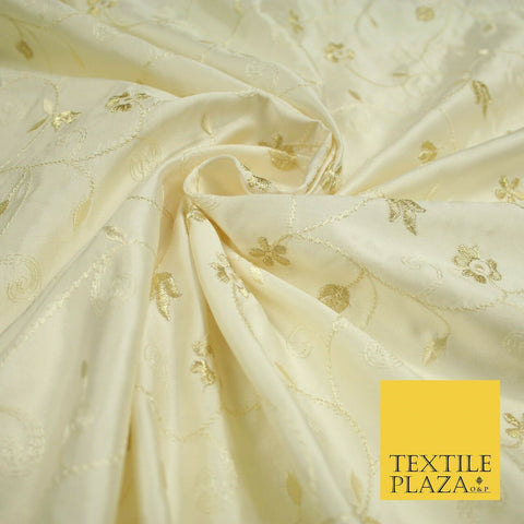 Luxury Ivory Gold Tulip Floral Vine Embroidered 100% PURE SATIN SILK Fabric 4658
