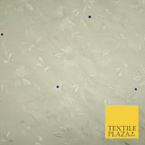 Luxury Ivory Flower Bloom Blue SWAROVSKI Embroidered 100% PURE SILK Fabric 4655