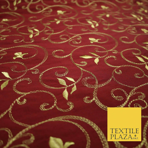 Luxury MAROON Floral Grandeur GOLD Embroidered 100% PURE SILK Fabric 45" 4645