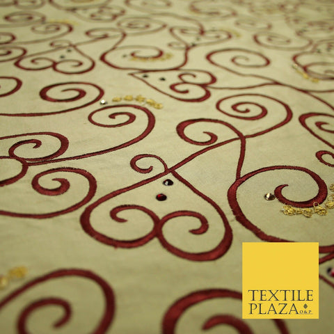 Luxury Gold Ornate Swirl Hearts SWAROVSKI Embroidered 100% PURE SILK Fabric 4642