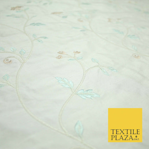 Luxury Ivory Light Blue Floral Ivy Embroidered 100% PURE SILK Fabric 45" 4647