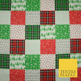 Festive Patchwork Christmas Trees Bows Snowflake Tartan Polycotton Fabric 44"