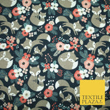 Navy Blue Festive Floral Foxes Christmas Digital Print 100% Cotton Fabric 4941