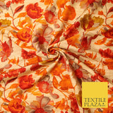 Beige Gold Rust Orange Floral Digital Print Faux Raw Silk Fabric Dress Craft3001