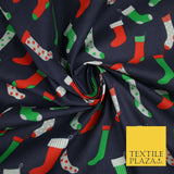 Festive Christmas Stockings Socks Printed Poly Cotton Fabric Polycotton 45"