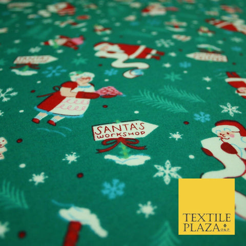 Green Santa's Workshop Festive Winceyette Soft Brushed Cotton Print Fabric 3963