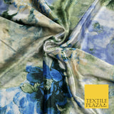 Luxury WHITE BLUE Garden Fresh Floral Digital Print Ice Velvet Fabric 58" 1484