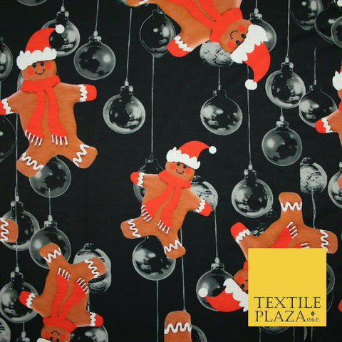 Black Falling Festive Gingerbread Men Bauble Christmas Stretch Jersey Fabric4776