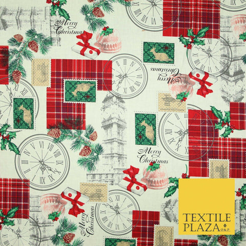Cream Vintage Christmas Clock Conifer Tartan Check Patch 100% Cotton Fabric 5010