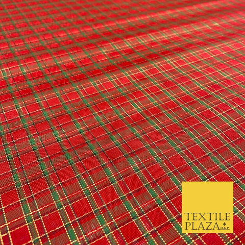 High Quality Red Green Metallic Gold Tartan Taffeta Fabric Festive Scottish 1779