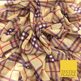 Beige Gold Purple Tartan Check Georgette Dress Sheer Craft Fabric 44" 1314