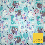 Blue Festive Sloth Llama Christmas Party Digital Print 100% Cotton Fabric 4942