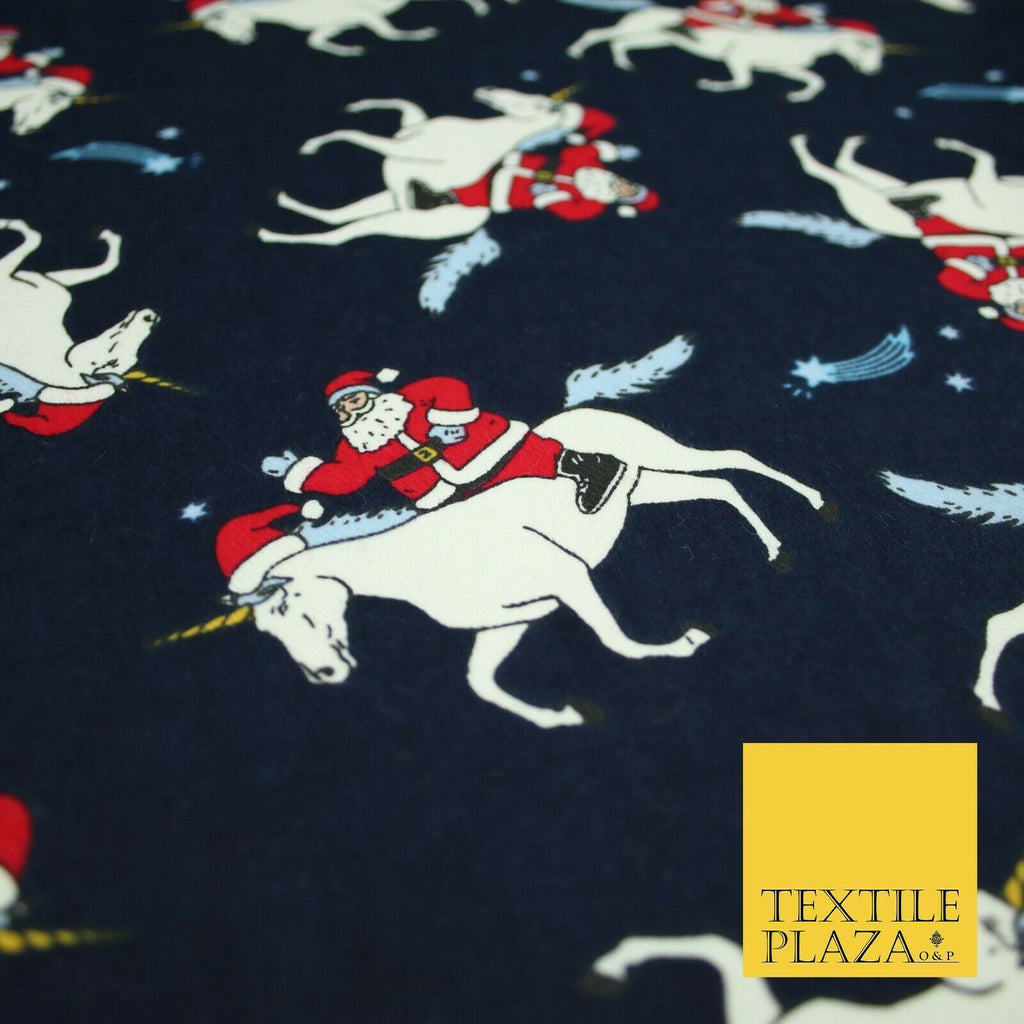 Navy Christmas Santa Unicorn Winceyette Soft Brushed Cotton Print Fabric 3959