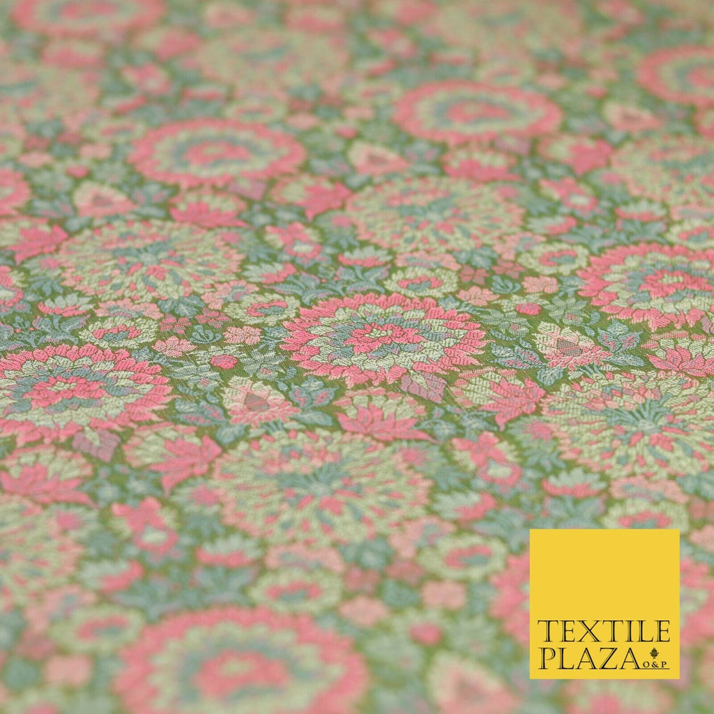 Green Pink Luxury Multi Flower PURE Benarsi Brocade Woven Dress Fabric Fancy1755
