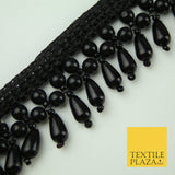 All Black Pearl Teardrop Tassel Beaded Ribbon Trim Border Indian Lace X333