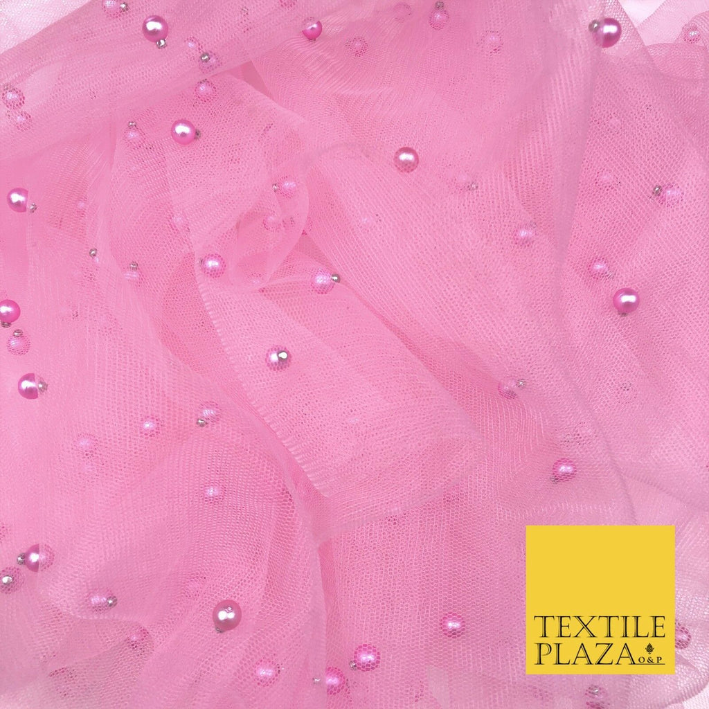 BABY PINK Studded Pearl Mesh Net Fabric Bridal Sheer Craft Dress N1112
