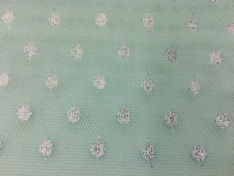 Sparkle Spot Print Mesh Fabric - 100% Polyester- Per Metre - SILVER/MINT - RE90