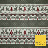 Fair Isle Reindeer Tree Christmas Zig Zag Stripe Printed Cotton Canvas Fabric
