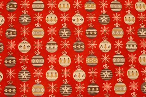 Christmas Snowflake & Baubles Fabric 100% Cotton - Per Metre Festive RED RF35