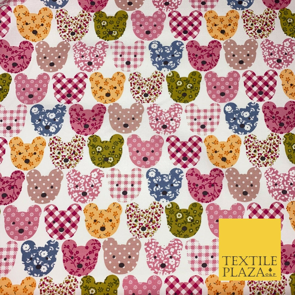 PINK Teddy Bear Patchwork 100% COTTON CANVAS Printed Fabric Craft 58" 1712