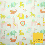 White Peach Fun Safari Animals Printed 100% ORGANIC COTTON POPLIN Fabric 58"