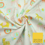 White Peach Fun Safari Animals Printed 100% ORGANIC COTTON POPLIN Fabric 58"