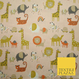 White Peach Fun Safari Animals Printed 100% ORGANIC COTTON POPLIN Fabric 58"