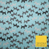 Light Blue Tartan Scottie Dog Patch Printed Poly Cotton Fabric Polycotton 5020