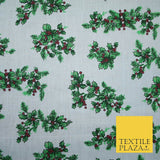 Festive Holly Berries Wreath Christmas Printed Poly Cotton Fabric Polycotton 45"