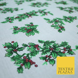 Festive Holly Berries Wreath Christmas Printed Poly Cotton Fabric Polycotton 45"