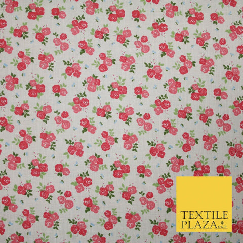 Pale Pink Ditsy Raspberry Floral Bunch Printed Poly Cotton Fabric Polycotton5151