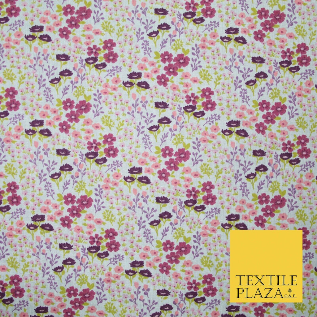 White Ditsy Lilac Floral Bunch Garden Printed Poly Cotton Fabric Polycotton 5152
