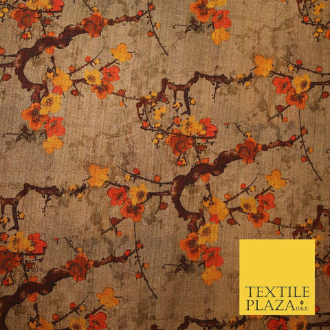 Japanese Autumnal Blossom Floral Orange Mustard Print Faux Raw Silk Fabric 3010