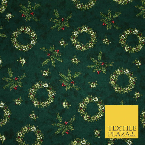 Green Christmas Holly Berry Floral Wreaths Printed 100% Cotton Fabric 54" 4117