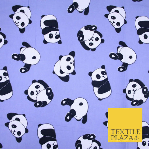 Lilac Blue Playful Cheeky Panda Winceyette Soft Brushed Cotton Print Fabric 3984