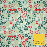 Christmas Robin Star Snowflake Bauble Printed Poly Cotton Fabric Polycotton 45"