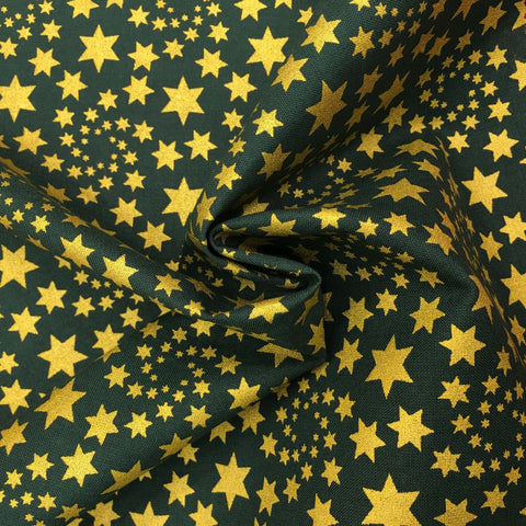 Christmas Gold Stars Fabric 100% Cotton - Festive Print GREEN RF30