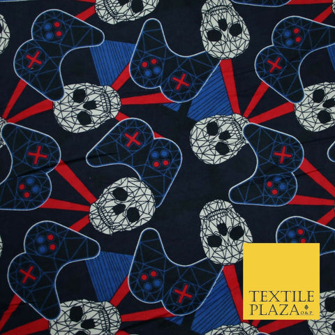 Navy Blue Skulls Digital Gaming Winceyette Soft Brushed Cotton Print Fabric 3966