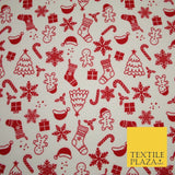 White Red Christmas Festive Winceyette Soft Brushed Cotton Print Fabric 3957