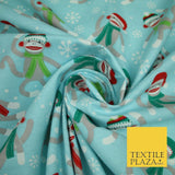 Blue Christmas Festive Monkey Winceyette Soft Brushed Cotton Print Fabric 3960
