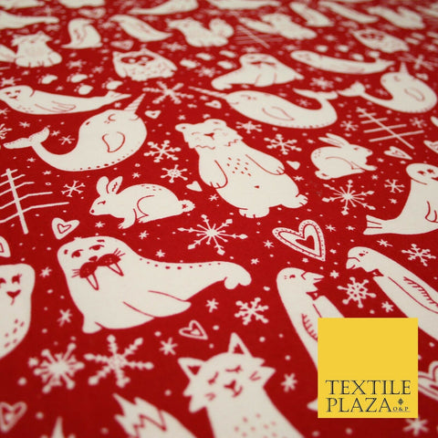 Red Festive Woodland Animals Winceyette Soft Brushed Cotton Print Fabric 3964