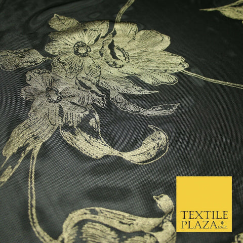 Black Gold Metallic Large Floral Printed Power Mesh Net Stretch Dress Fabric5096